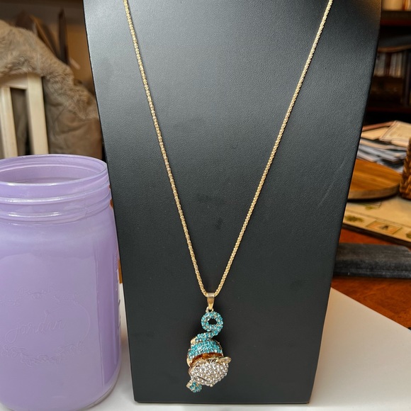 Betsey Johnson Kitty Cat Movable Crystal Jeweled Necklace In Blue and Gold - Picture 3 of 11